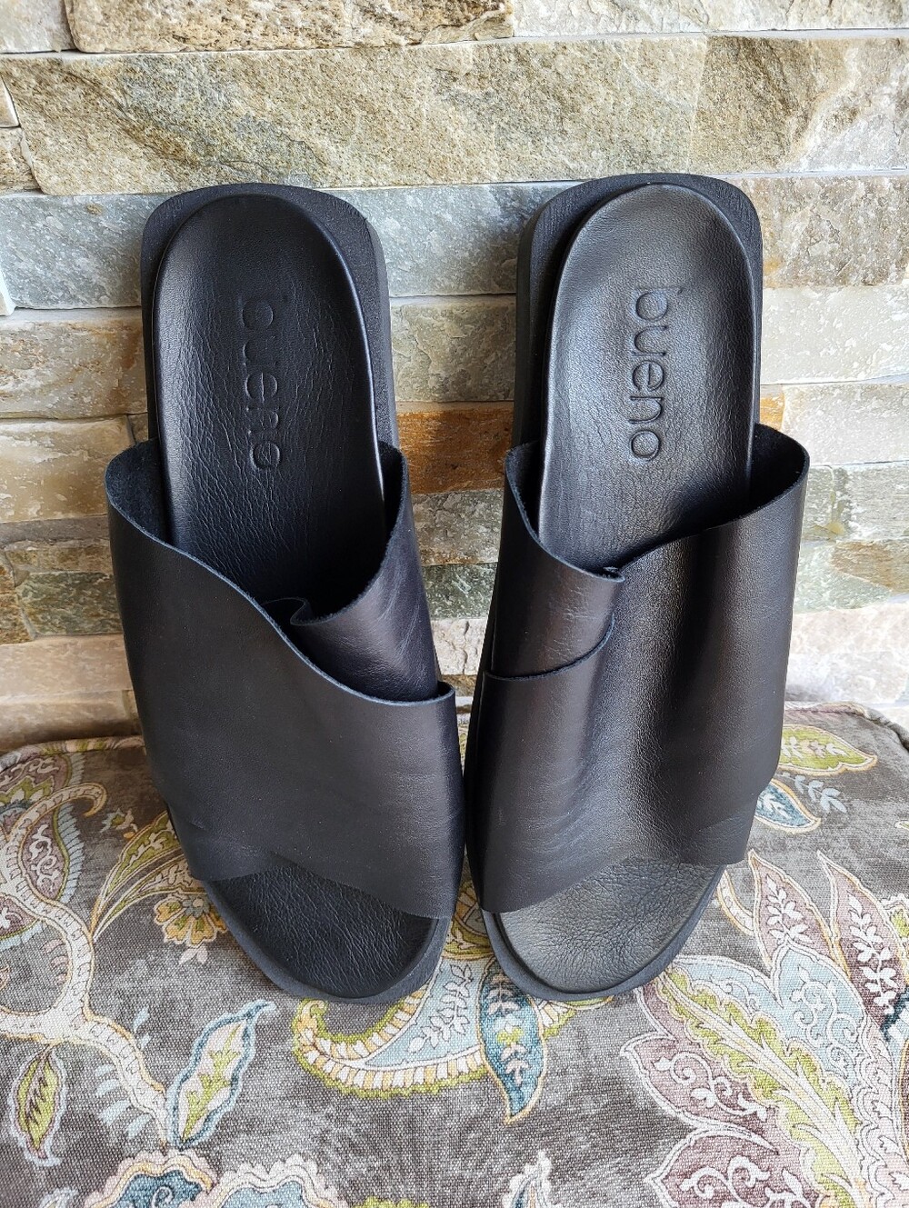 Bueno Black Crossover Leather Slide Sandals